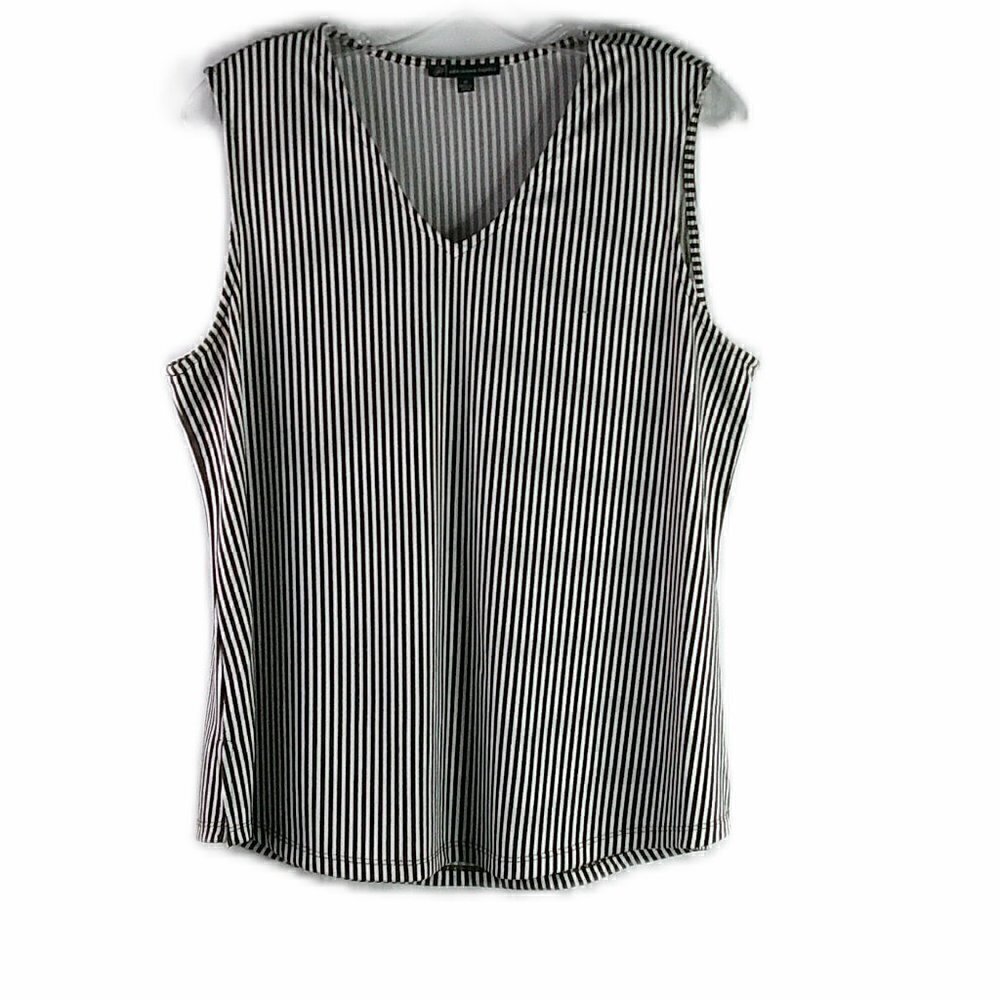 Adrianna Papell Black & White Vertical Stripe V-Neck Sleeveless Top